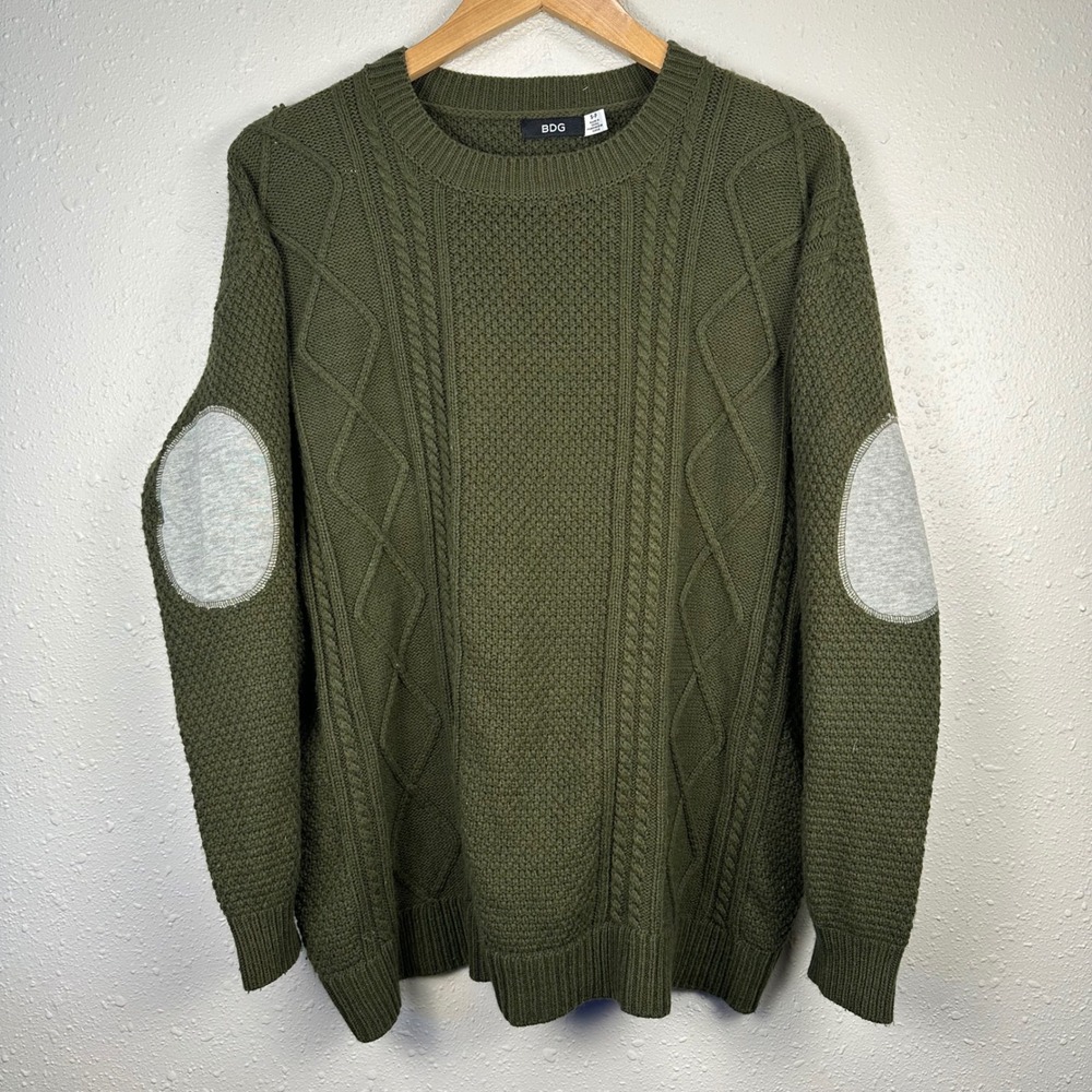 BDG Urban Outfitters Mens S Knit Sweater Crewneck Green Elbow Patches Preppy Old